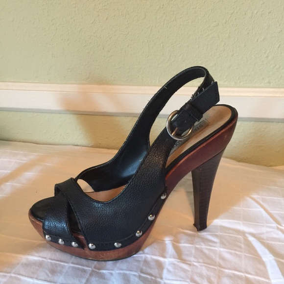 Steve Madden black leather and wood open toe heels