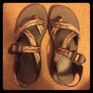 Brown with coral cherry blossom print Chacos
