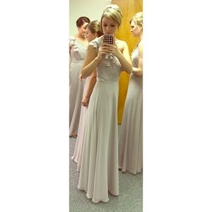 Taupe colored floor length formal gown