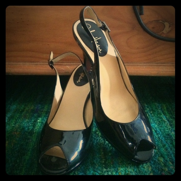 Cole Haan patent black peep toe pumps