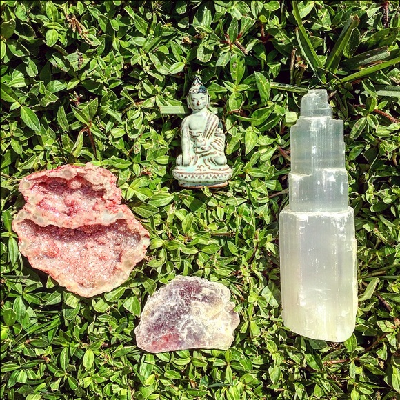 Geode, selenite, and lepidolite crystals