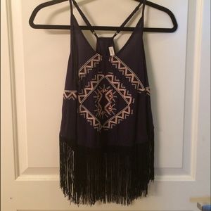 NWOT Navy Embroidered Crop Top with Fringe Bottom