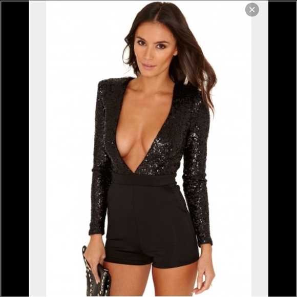 Jefa plunge neck sequin playsuit in black