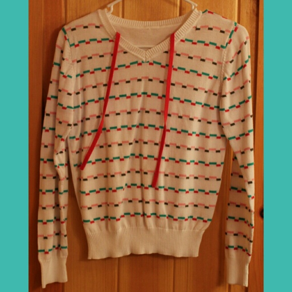 White Knit Sweater with Mint and Pink Stitching