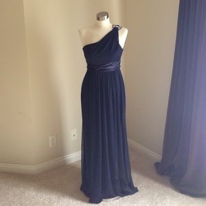 Navy blue full length one shoulder gown dress