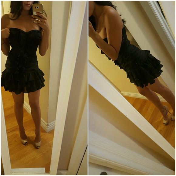 Black strapless ruffled dress holiday LBD