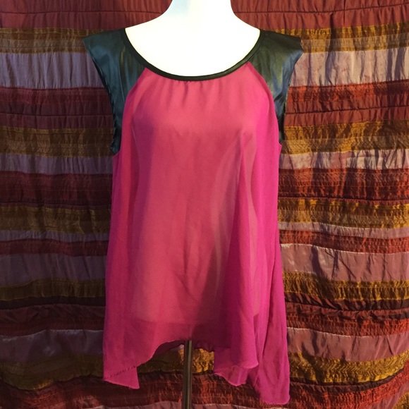 See through maroon & black faux leather top
