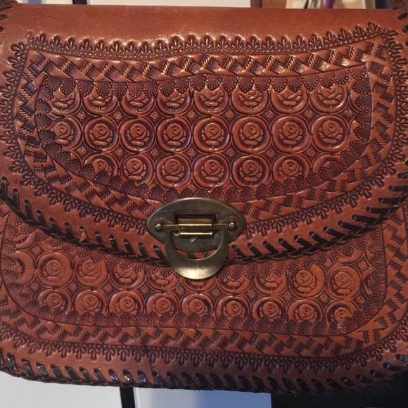 Genuine leather hand stitched floral print satchel - Picture 2 of 4