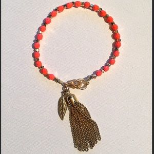 Coral and Gold Tassel and Leaf Bracelet