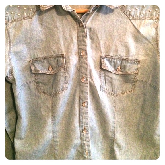 Light denim with pearl embellishments.