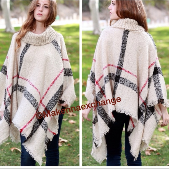 Jackets & Blazers - Plaid Fringed Poncho