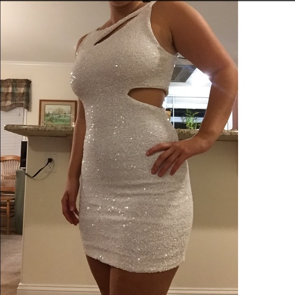 Bebe fully sequined white dress