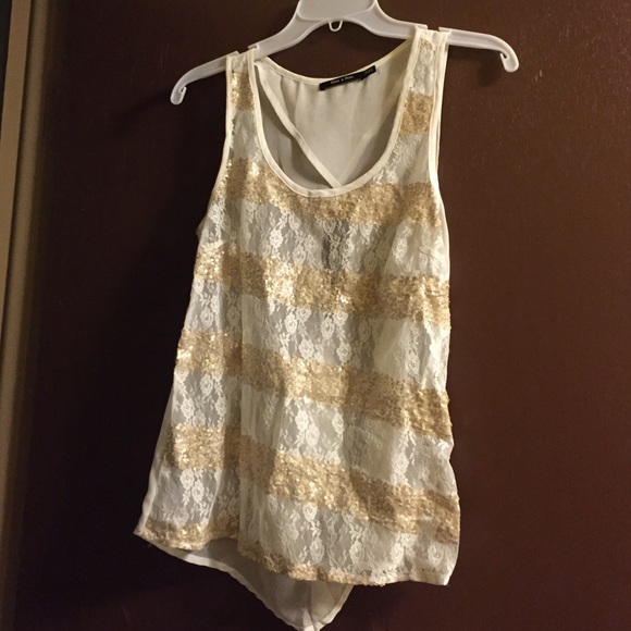 White and gold lace front and chiffon back tank