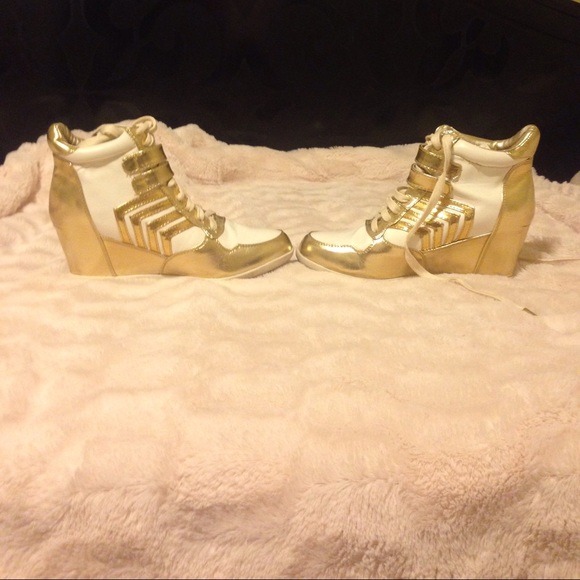 White Gold Shimmer Faux Leather Sneaker Wedges