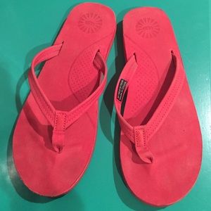 Worn once, red Ugg flip flops