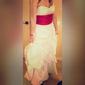 Strapless red stash gown with ruffles