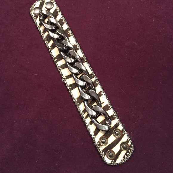 Leather Zebra Print & Chain Cuff Bracelet.