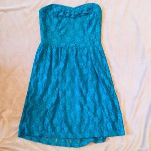 Strapless blue floral lace dress
