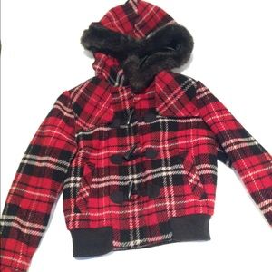 Red plaid Sherpa hooded coat