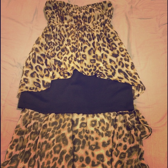 Strapless Leopard Print High-Low Dress