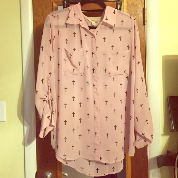 Pink Decree sheer top with cross print