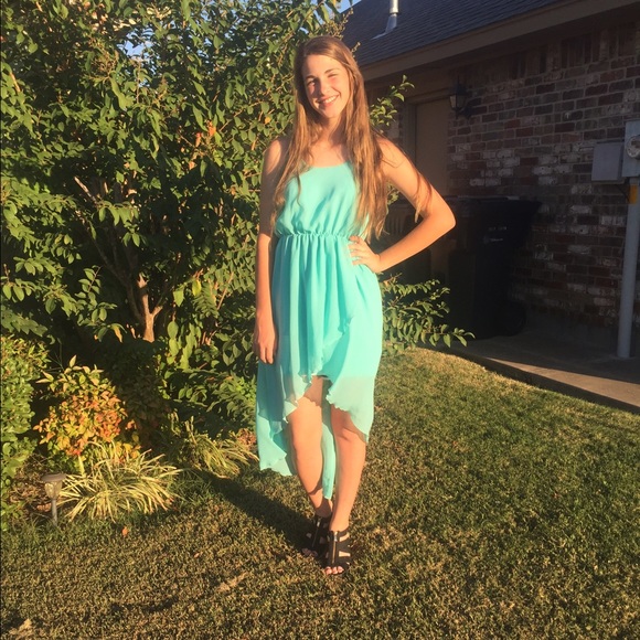 Turquoise high low dress with lace detailing - Picture 1 of 4