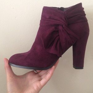 Dark Berry Bow 3.5 inch Faux Suede Heeled Booties!