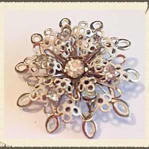 Vintage Snowflake Enamel & Rhinestone Lace Brooch