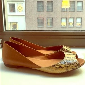 Madewell tan and faux snake skin peep toe flats