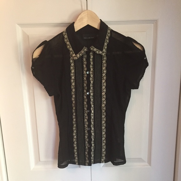 The Limited Tops - Black mesh embroidered button down shirt Sz S