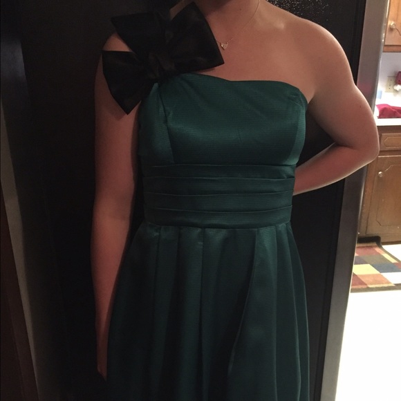 Teal dress with black bow on one strap