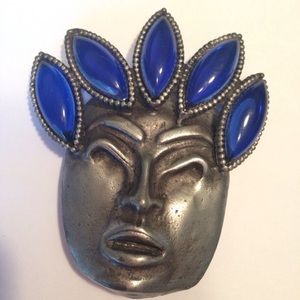 Vintage African Face Lapis Glass Crown Brooch