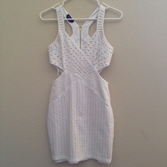 Bebe White Cross Over Cutout Embellished Dress