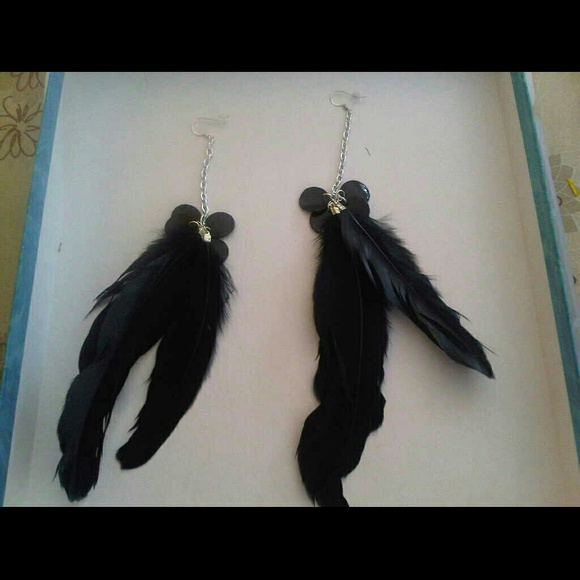 Handmade black shell and feather earrings
