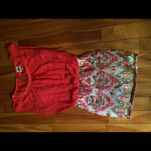 Debs coral dress with sequin skirt