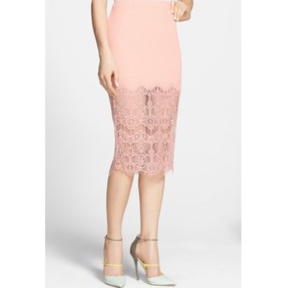 Blush pink lace midi skirt