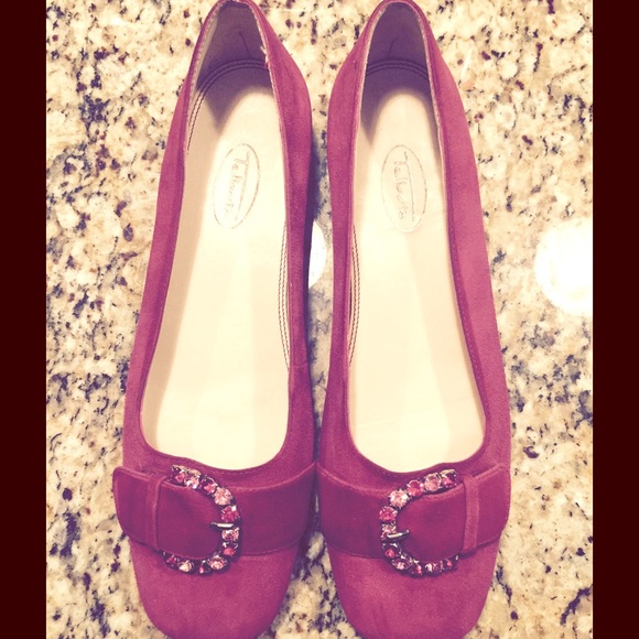 Deep Red suede jeweled flats.
