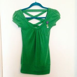 Embellished cap-sleeve top w/ kris-cross back
