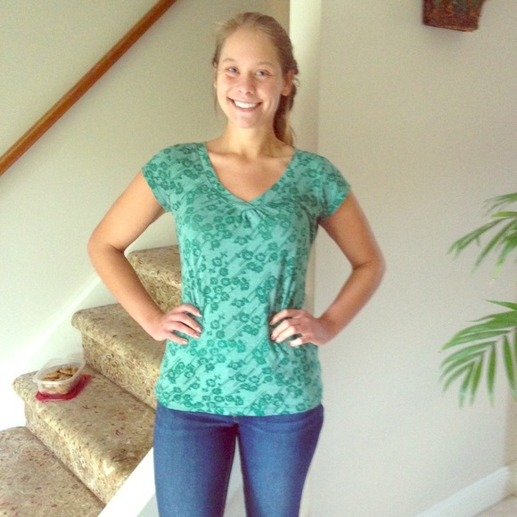 Green V Neck with Mesh Floral Design