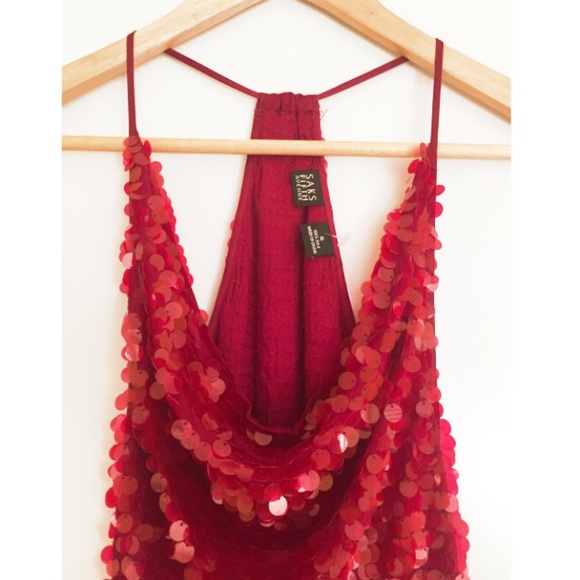 Saks Fifth Avenue Tops - Saks Fifth Avenue Red Sequin Draped Neck Top