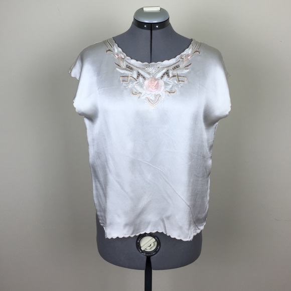 Silk Blouse w/Embroidery & Scalloped Edges