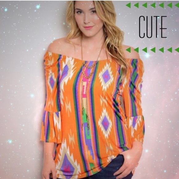💥HP 1/10💥ORANGE AZTEC ON OR OFF SHOULDER TOP - Picture 2 of 2
