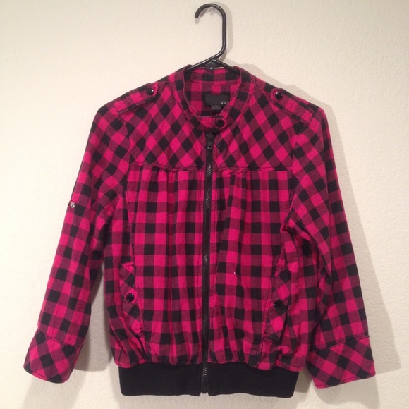 pink and black checkered jacket