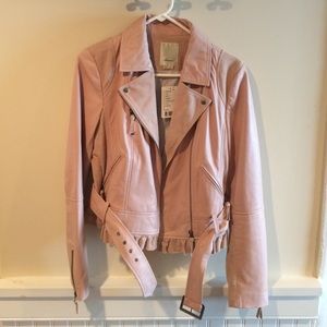 Anthropologie Pink Ruffle Leather Jacket