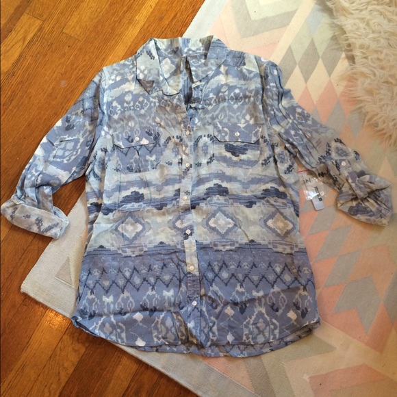 Blue Ikat button down blouse BNWT