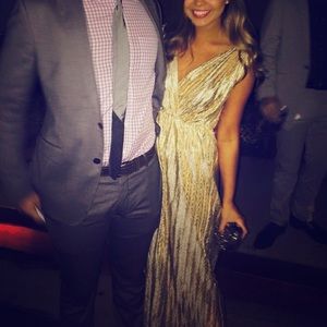 gold / metallic floor length dress fits size s/m/l