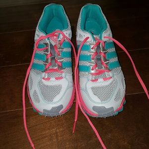 Turquoise, gray and hot pink Adidas running shoes