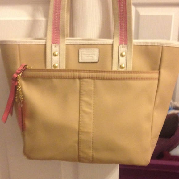Used Tan Coach Tote with Pink Trim