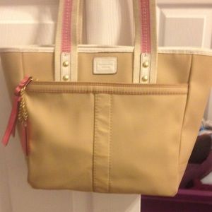 Used Tan Coach Tote with Pink Trim