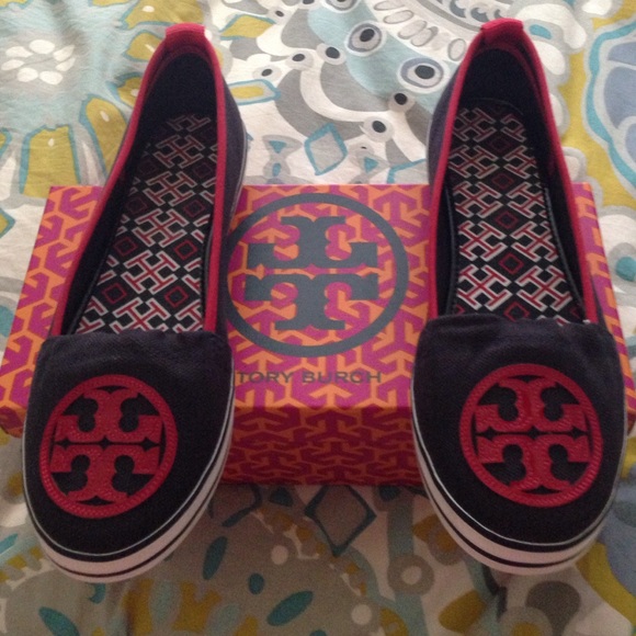New in box, Tory Burch navy slip ons